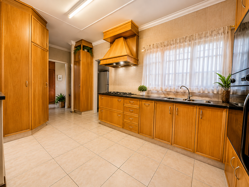 A functional kitchen featuring extensive wooden cabinetry, a gas hob with extractor fan, double sink, and built-in oven, finished with tiled flooring and backsplash.
