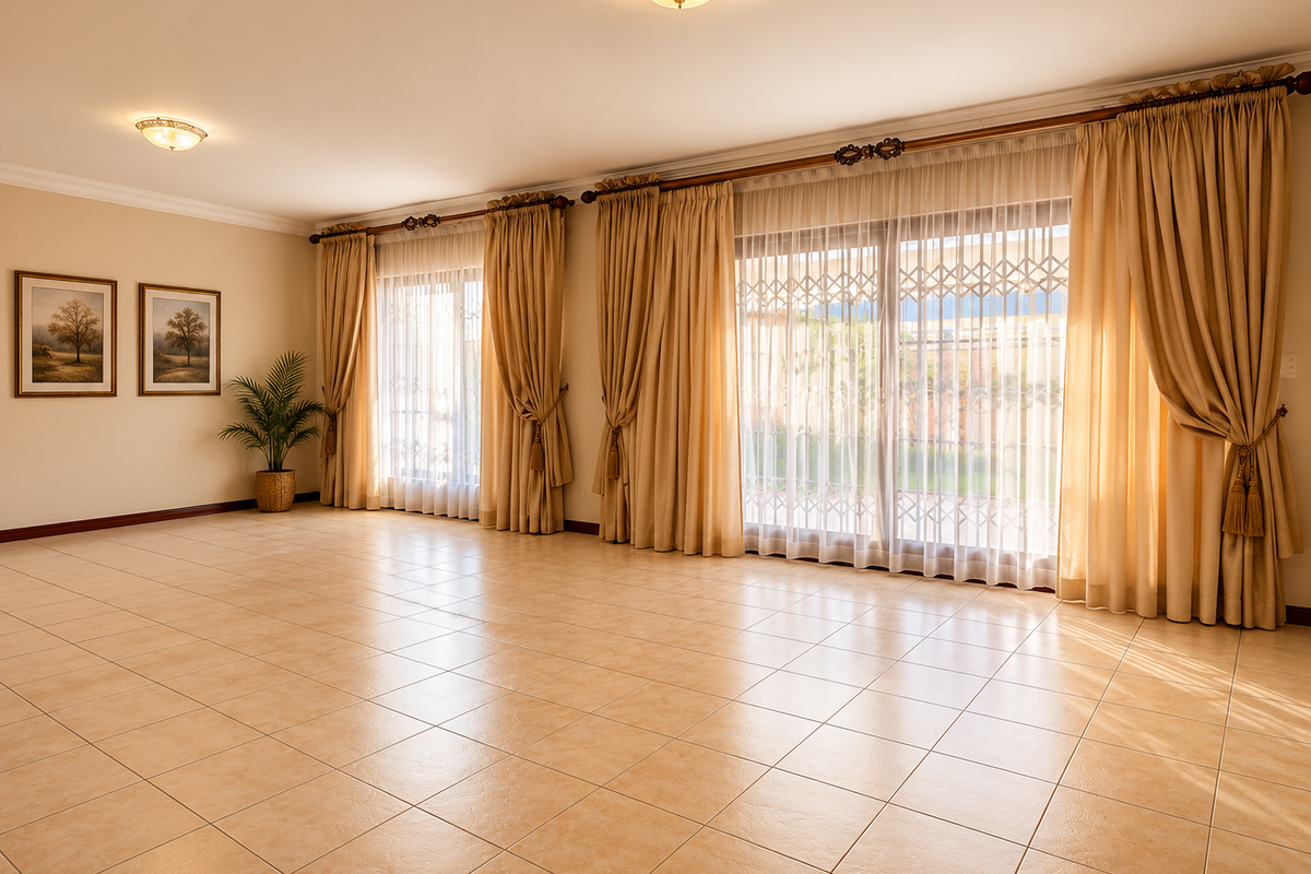 Spacious living area featuring neutral tiled flooring, large sliding glass doors with security gates, and ample natural light.
