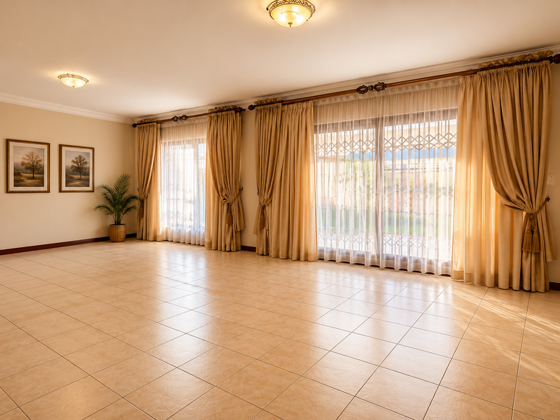 Spacious living area featuring neutral tiled flooring, large sliding glass doors with security gates, and ample natural light.