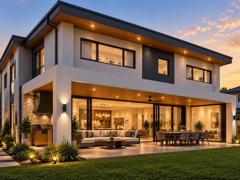 A modern two-story residence featuring a spacious covered patio with an integrated outdoor kitchen, seamless indoor-outdoor flow, and beautifully landscaped garden at dusk.