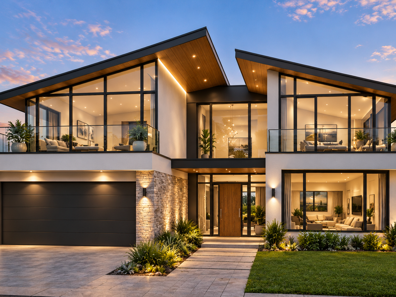Modern two-story luxury residence featuring a double garage, stone accents, expansive floor-to-ceiling glass, and integrated exterior lighting at dusk.