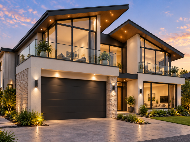Modern two-story luxury residence featuring stone accents, expansive glass windows, a double garage, and beautifully landscaped front garden at dusk.