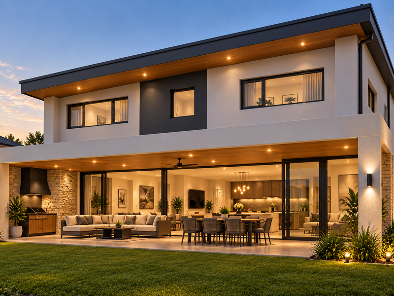 Modern double-story residence featuring a spacious covered patio with built-in braai, seamless indoor-outdoor flow, and beautifully landscaped garden at dusk.