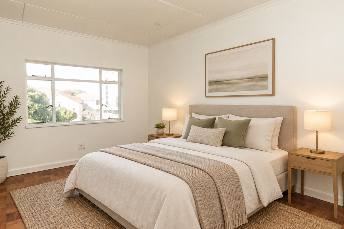A bright and well-maintained bedroom featuring classic parquet flooring, a large casement window, and neutral wall finishes.