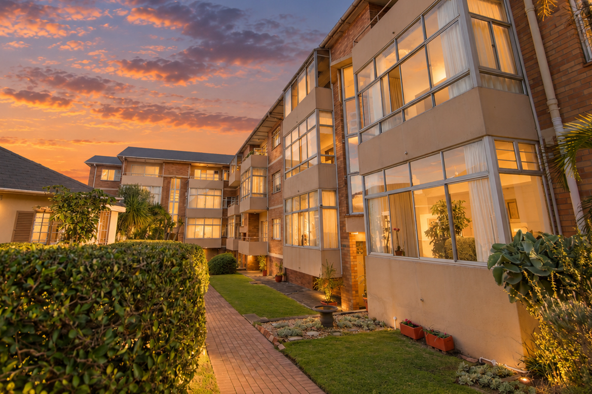 A well-maintained apartment complex exterior featuring brick facades, enclosed balconies, and a landscaped garden area at sunset.