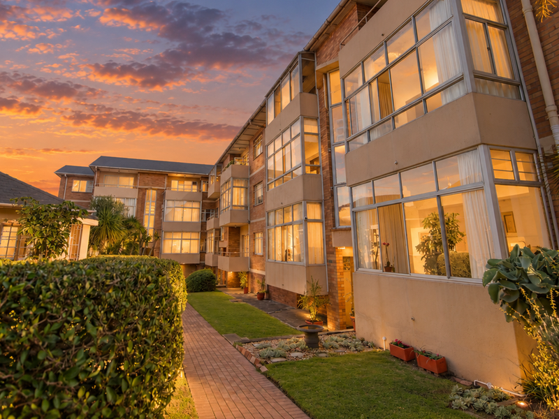 A well-maintained apartment complex exterior featuring brick facades, enclosed balconies, and a landscaped garden area at sunset.
