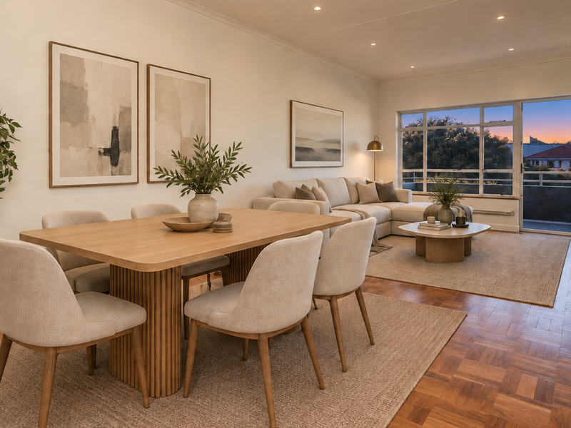Spacious open-plan living and dining area featuring warm parquet flooring, recessed lighting, and large windows with access to a private balcony.