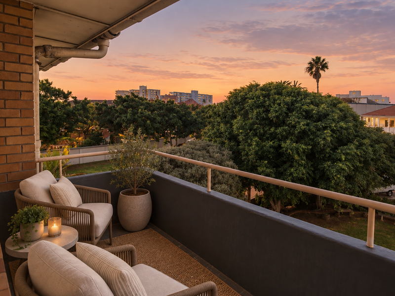 A well-maintained balcony featuring a brick accent wall, metal railing, and tiled flooring, offering pleasant sunset views over the surrounding neighborhood.
