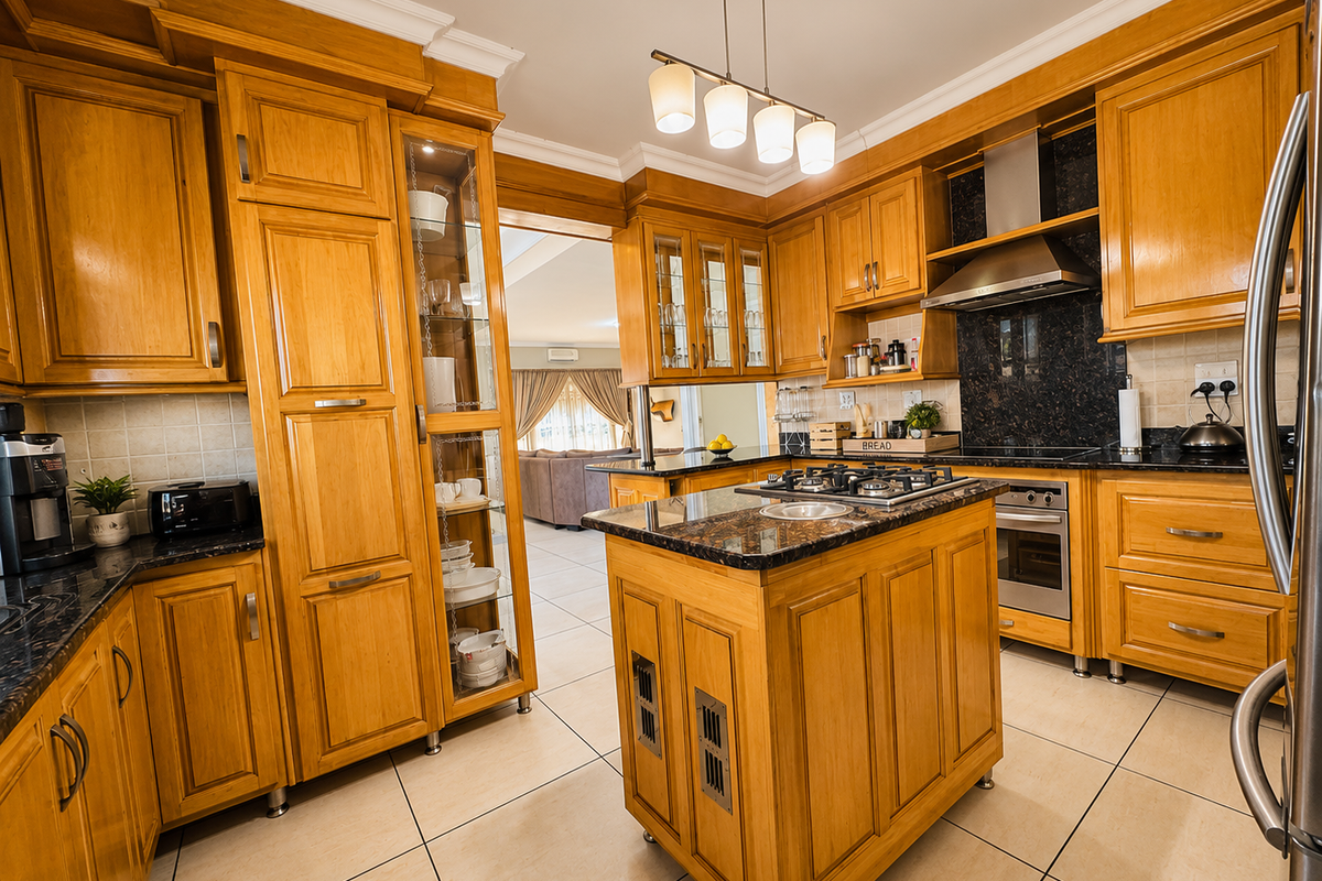 A well-maintained kitchen featuring warm wooden cabinetry, granite countertops, a central island with a gas hob, and integrated appliances.