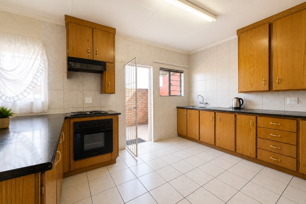 A functional kitchen featuring wooden cabinetry, laminate countertops, built-in oven, and tiled flooring with direct access to an outdoor area.