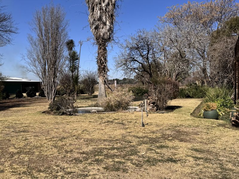 A spacious garden area featuring a small ornamental pond, mature trees, and established landscaping on a small holding property.