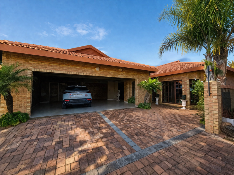 Front elevation of a townhouse featuring a brick facade, tiled roof, and a spacious paved driveway leading to a double garage.