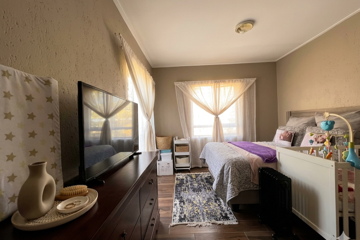 A well-maintained bedroom featuring tiled flooring, textured walls, and natural light through a window with curtains.