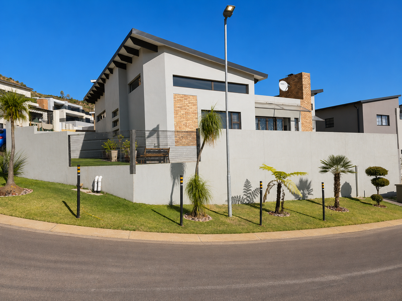 Modern residential property featuring a contemporary pitched roof design, brick accents, and a secure perimeter wall with landscaped garden area.