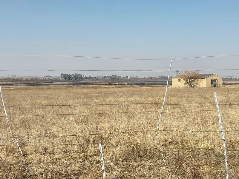 Expansive view of the small holding landscape featuring dry grassland, perimeter wire fencing, and a distant outbuilding structure.