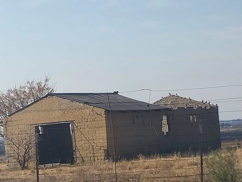 A dilapidated outbuilding or barn structure on a small holding, featuring brick masonry walls and a partially collapsed metal roof.