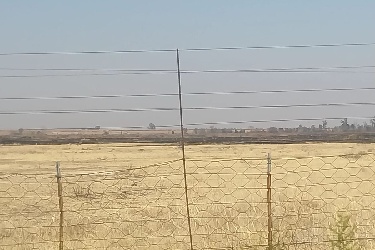 A wide-angle view of the open landscape and dry veld, secured by wire mesh fencing.