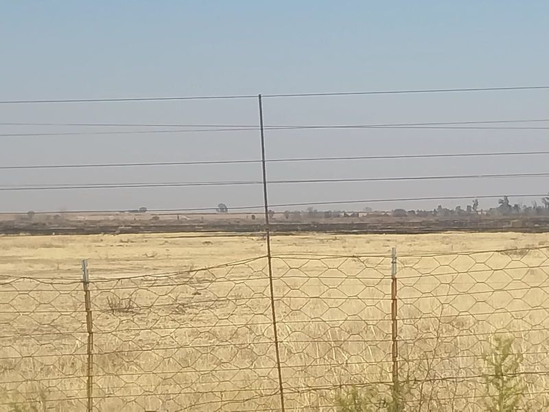 A wide-angle view of the open landscape and dry veld, secured by wire mesh fencing.