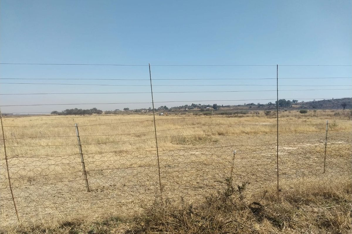 A wide-angle view of the open veld landscape on the small holding, featuring basic wire perimeter fencing.