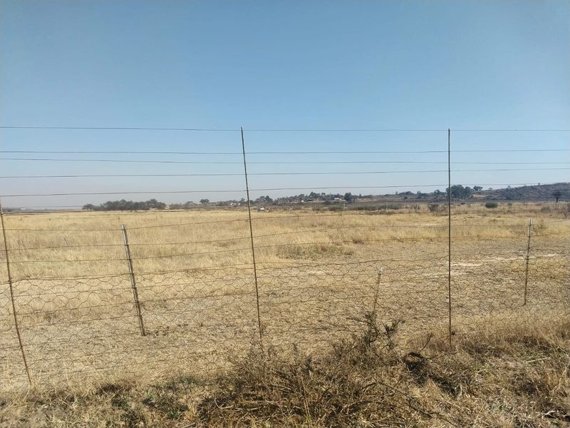 A wide-angle view of the open veld landscape on the small holding, featuring basic wire perimeter fencing.