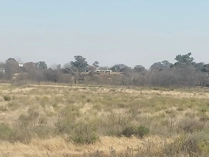 A distant view of the small holding landscape featuring open veld and natural vegetation with distant structures visible on the horizon.