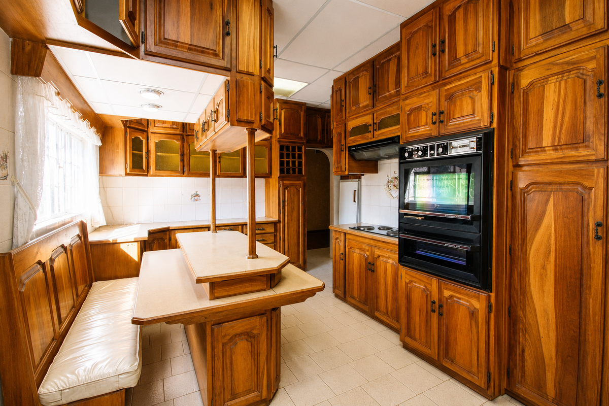 A traditional kitchen featuring extensive built-in wooden cabinetry, a double wall oven, electric cooktop, and a built-in breakfast nook with integrated seating.