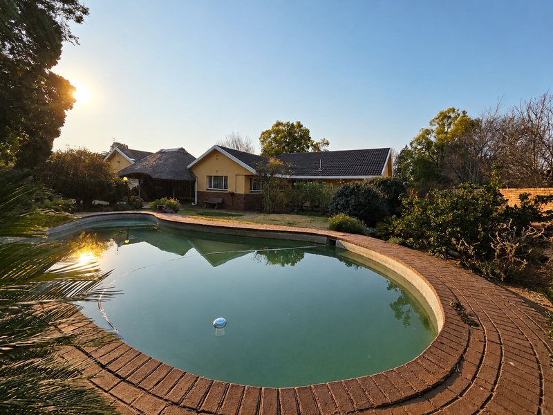A view of the rear garden featuring a swimming pool with brick coping and a thatched lapa area adjacent to the main house.