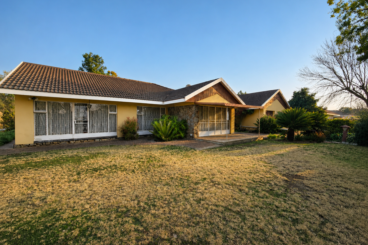 Rear view of a single-story house featuring a tiled roof, stone facade accents, and a paved patio area overlooking a large garden.