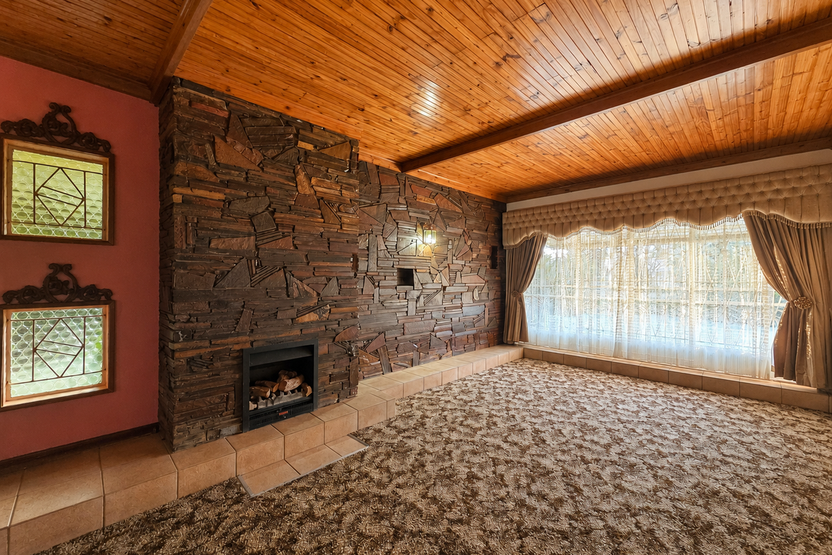 Spacious living room featuring a prominent stone fireplace, timber-clad ceiling with exposed beams, and decorative windows, offering a classic, dated aesthetic ready for modernization.