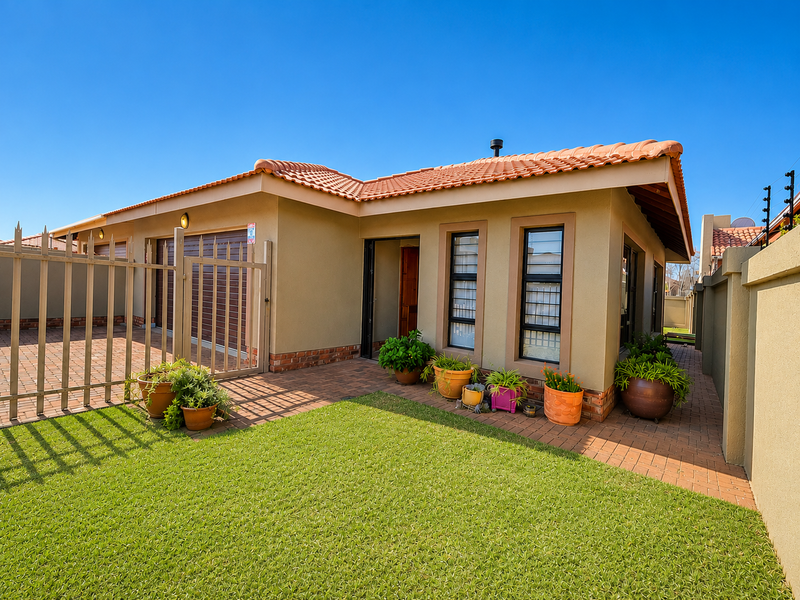 Front view of a well-maintained townhouse featuring a tiled roof, paved driveway, secure garage access, and a neat garden area with boundary walling.