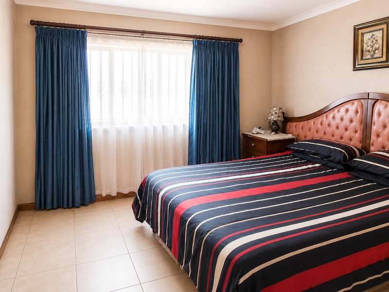 A well-maintained bedroom featuring neutral wall tones, tiled flooring, and a window fitted with security bars and curtains.