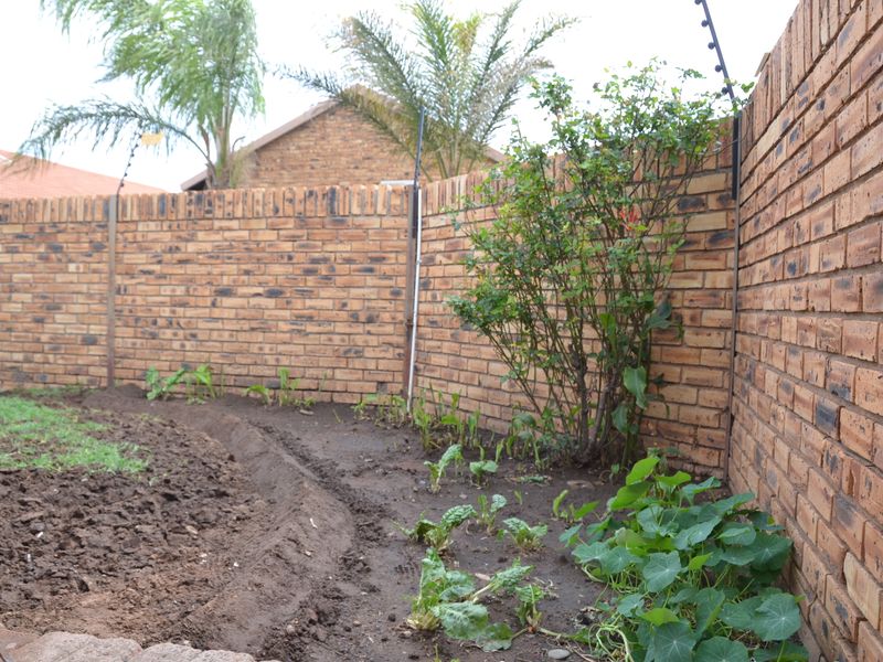 A private rear garden area featuring a curved face brick boundary wall with integrated electric security fencing.