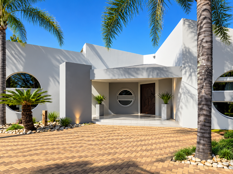 Modern architectural front facade featuring a paved driveway, distinctive circular windows, and a covered entrance surrounded by manicured landscaping and palm trees.