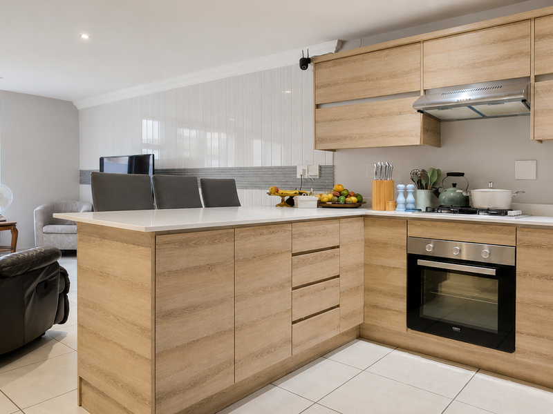 Modern open-plan kitchen and living area featuring light wood cabinetry, stone countertops, integrated appliances, and tiled flooring with access to an outdoor space.
