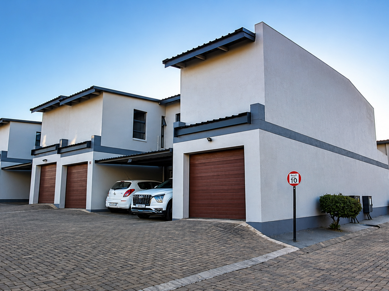 Modern townhouse complex featuring paved driveways, covered parking bays, and individual sectional garage doors with a clean, contemporary architectural finish.