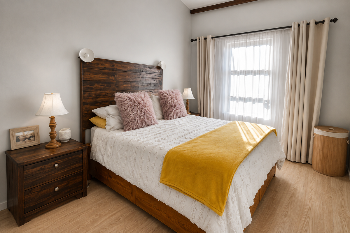 A well-maintained bedroom featuring light wood-look laminate flooring, a vaulted ceiling, and a large window dressed with neutral curtains.