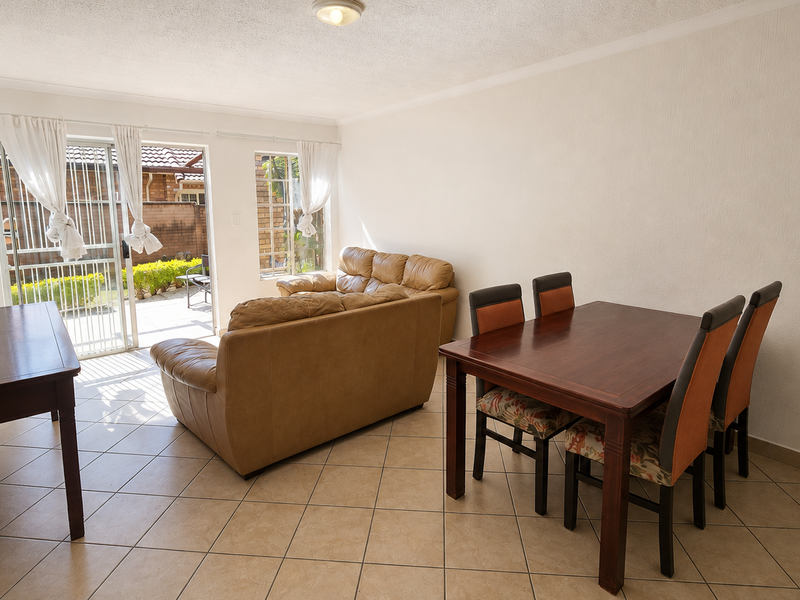 Open-plan living and dining area featuring tiled flooring and a sliding glass door providing direct access to the outdoor patio area.