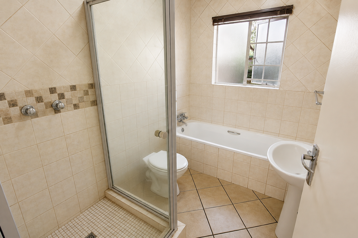A functional bathroom featuring a separate shower enclosure, bathtub, pedestal basin, and toilet with neutral ceramic tiling throughout.