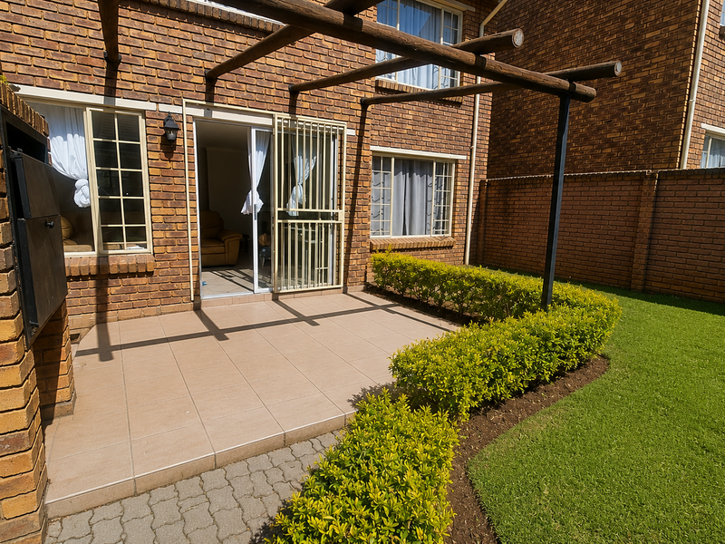 A well-maintained private patio area featuring a built-in braai, timber pergola, tiled flooring, and direct access to a neat garden space.