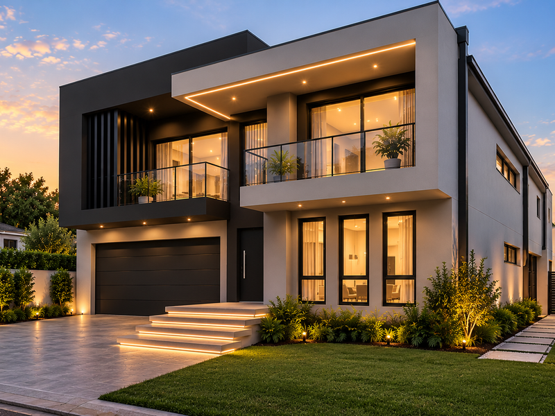 Modern double-story luxury residence featuring a paved driveway, integrated double garage, illuminated stone entrance steps, and upper-level glass-railed balconies.