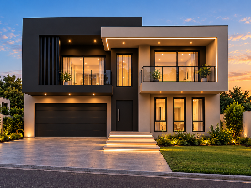 A modern two-story luxury home featuring a sleek dark and light facade, integrated LED lighting, a paved driveway, and a well-manicured front garden.