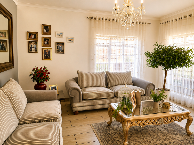 A well-maintained living room featuring ceramic floor tiles, a decorative crystal chandelier, and large windows with elegant sheer curtains.