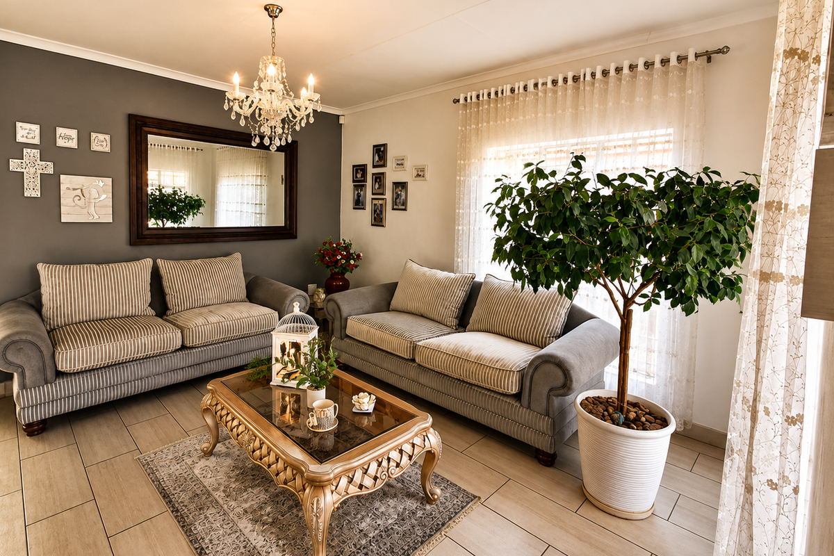 A well-maintained living room featuring tiled flooring, a decorative crystal chandelier, and a feature wall with a large mirror.