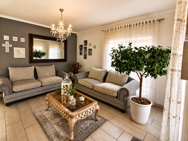 A well-maintained living room featuring tiled flooring, a decorative crystal chandelier, and a feature wall with a large mirror.