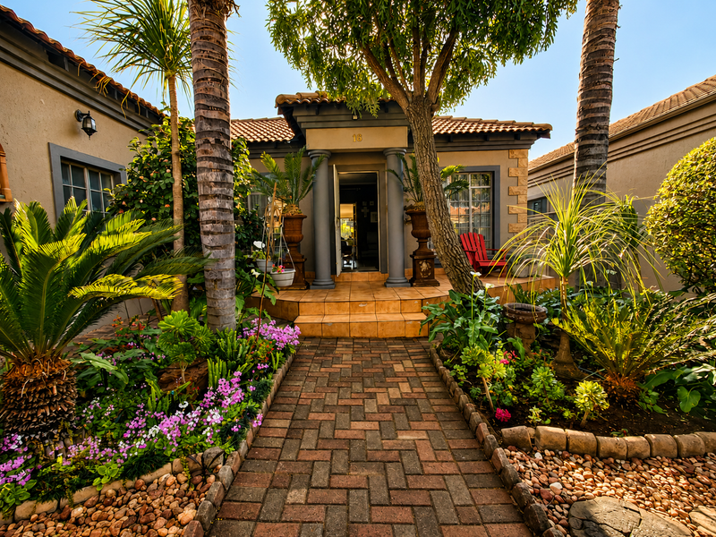 A charming front entrance featuring a brick paved walkway, landscaped garden beds, and a tiled porch with decorative columns leading to the main door.