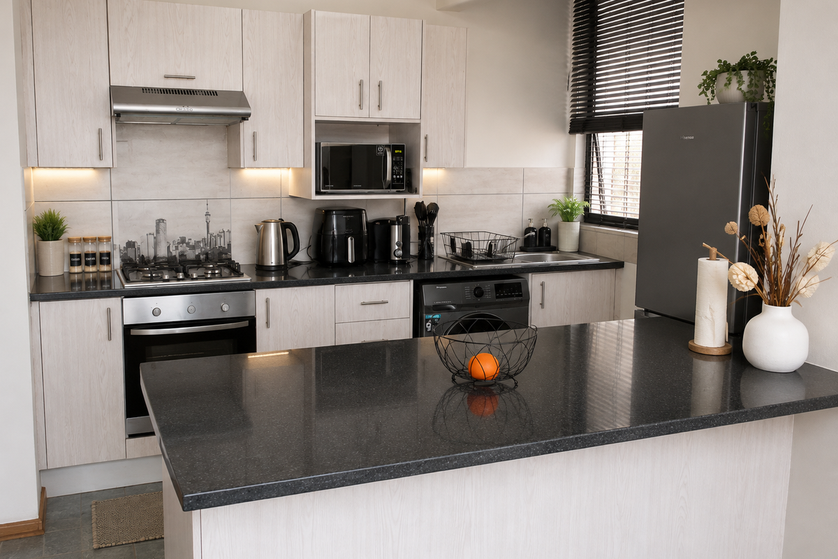 Modern kitchen featuring light wood-grain cabinetry, dark stone countertops, built-in oven, gas hob, and integrated appliances with a functional breakfast bar.