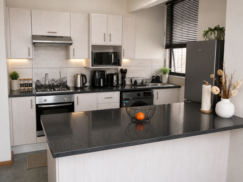 Modern kitchen featuring light wood-grain cabinetry, dark stone countertops, built-in oven, gas hob, and integrated appliances with a functional breakfast bar.
