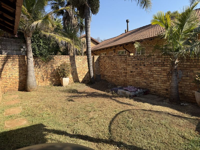 A private rear garden area featuring a face brick boundary wall, established palm trees, and a tiled roof townhouse exterior.