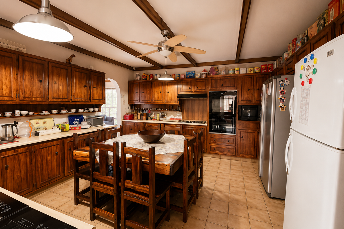 A spacious kitchen featuring extensive wooden cabinetry, built-in oven, extractor fan, exposed ceiling beams, and ceramic tile flooring.