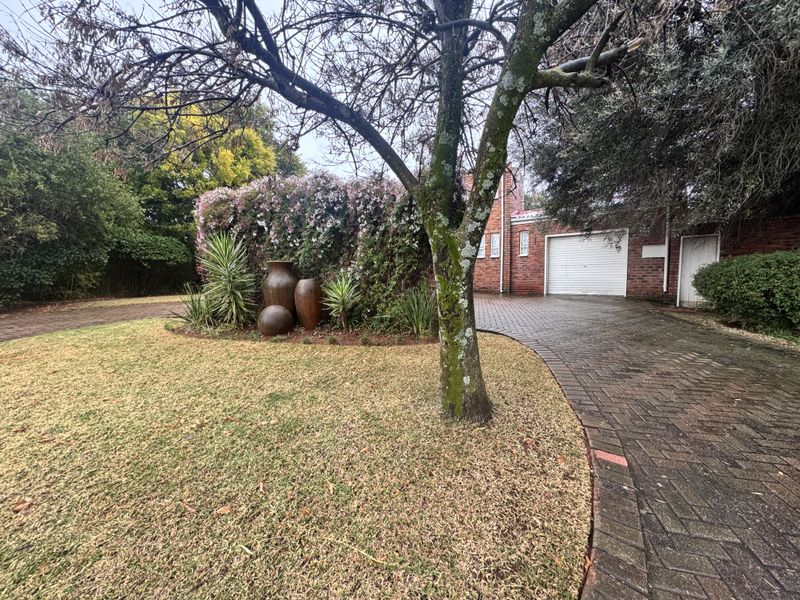 Front view of the property featuring a brick driveway, established garden, and a single garage entrance.